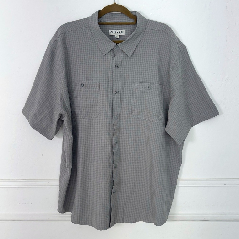 Orvis Button Down Shirt Mens XXL Gray Micro Plaid Short‎ Sleeve Tech Dress Shirt